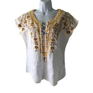 JOHNNY WAS 100% Linen EMBROIDERED TOP YELLOW WHITE WOMENS Small